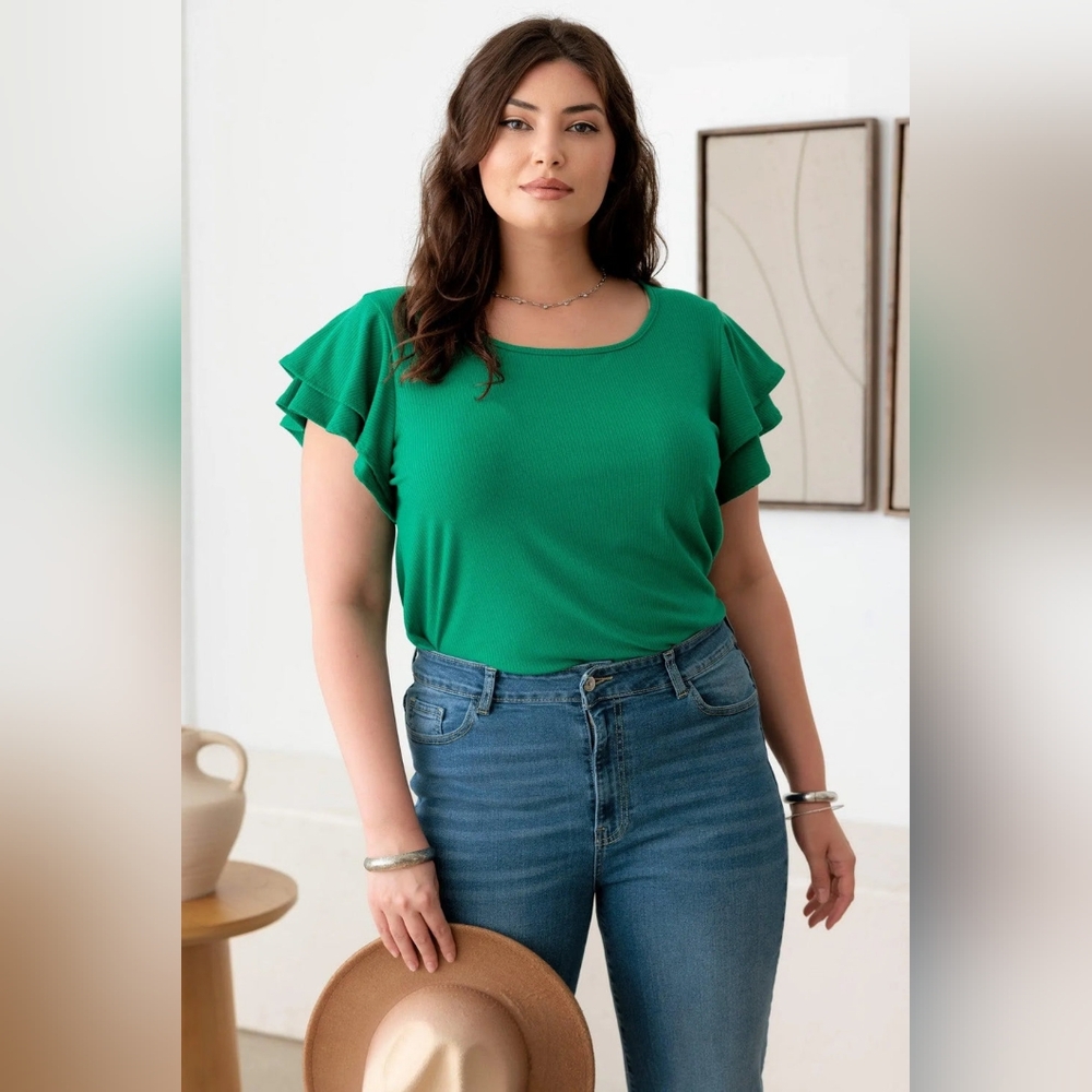 Gilli Kelly Green Ribbed Flutter Sleeve Top 1X–2X | Made in USA